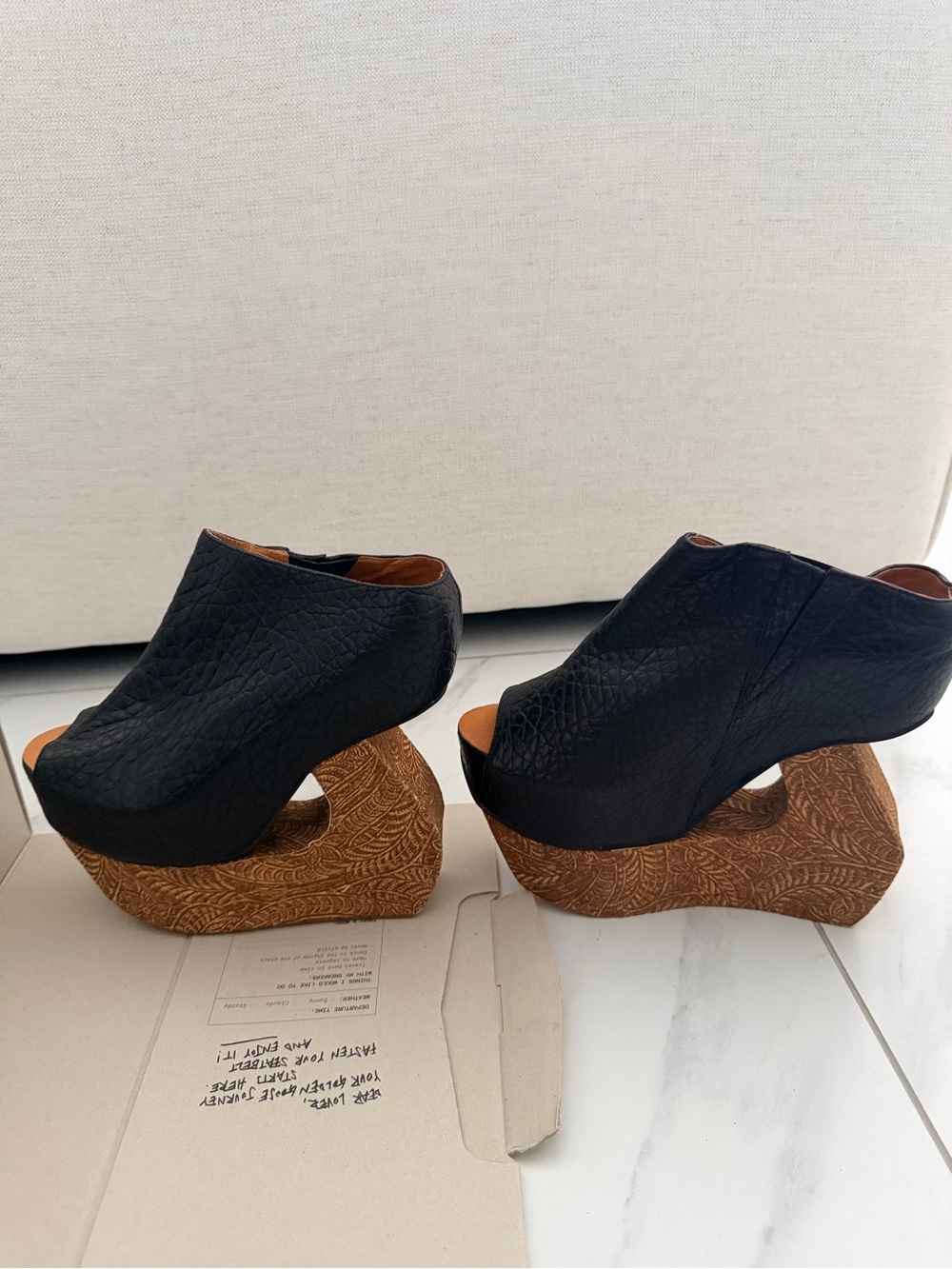 Jeffrey Campbell Black Carved Wooden-Effect Chunky Wedge Peep-Toe Booties